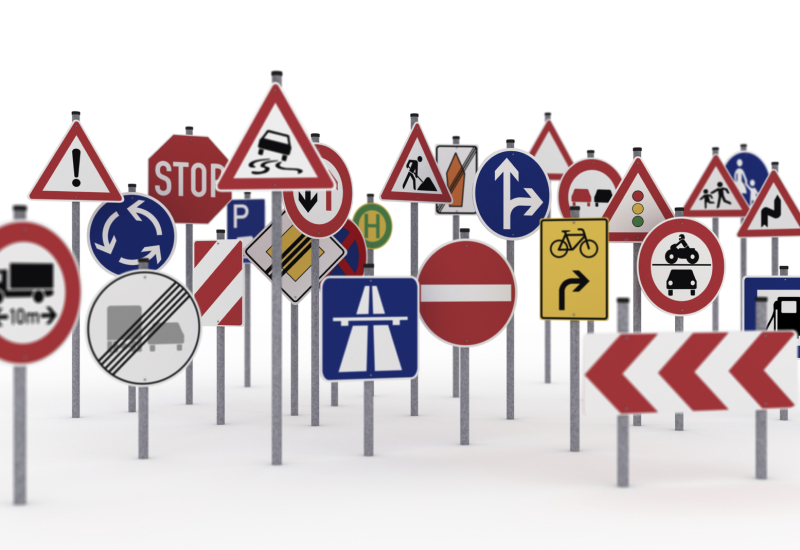 Picture of lots of different types of road signs
